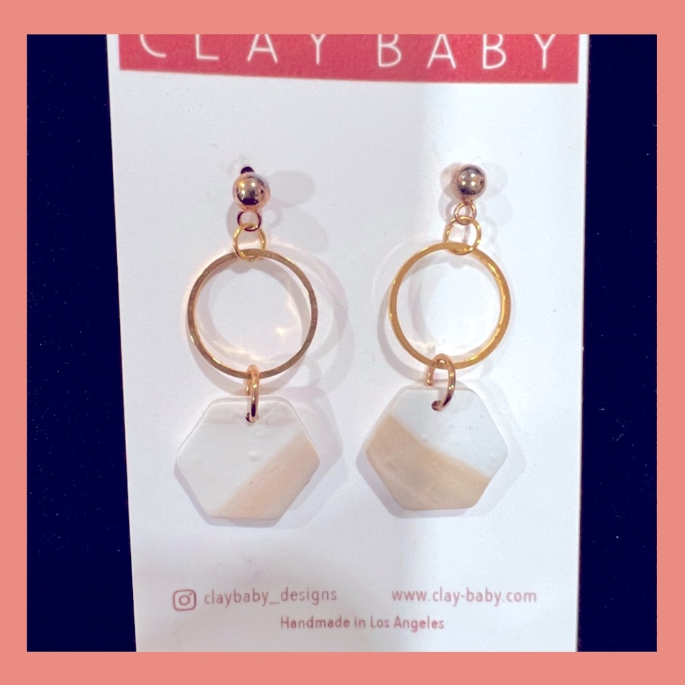 BRAND NEW! Clay Baby HANDMADE clay dangle earrings, gold, white & beige.